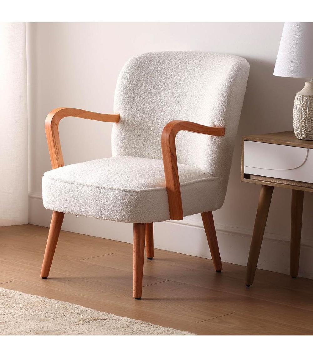 Wadiga Fauteuil En Bois Et Tissu Bouclette Blanc Crème 70x62x79cm