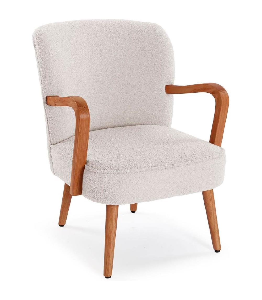 wadiga Fauteuil en bois et tissu bouclette blanc crème 70x62x79cm