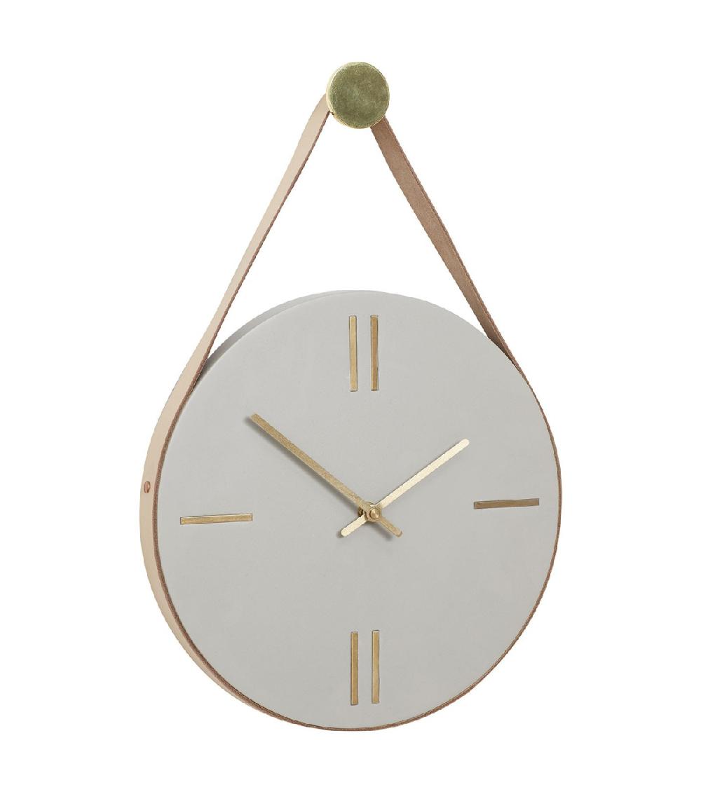 Wadiga Horloge Design Suspendue En Ciment Gris Métal Doré Et Lanière En Cuir