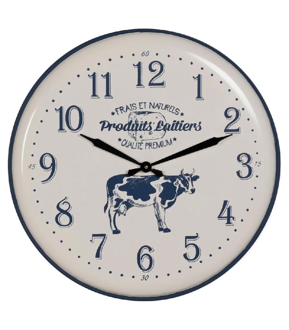 wadiga Horloge murale ronde en métal bleu et crème vache produits laitiers