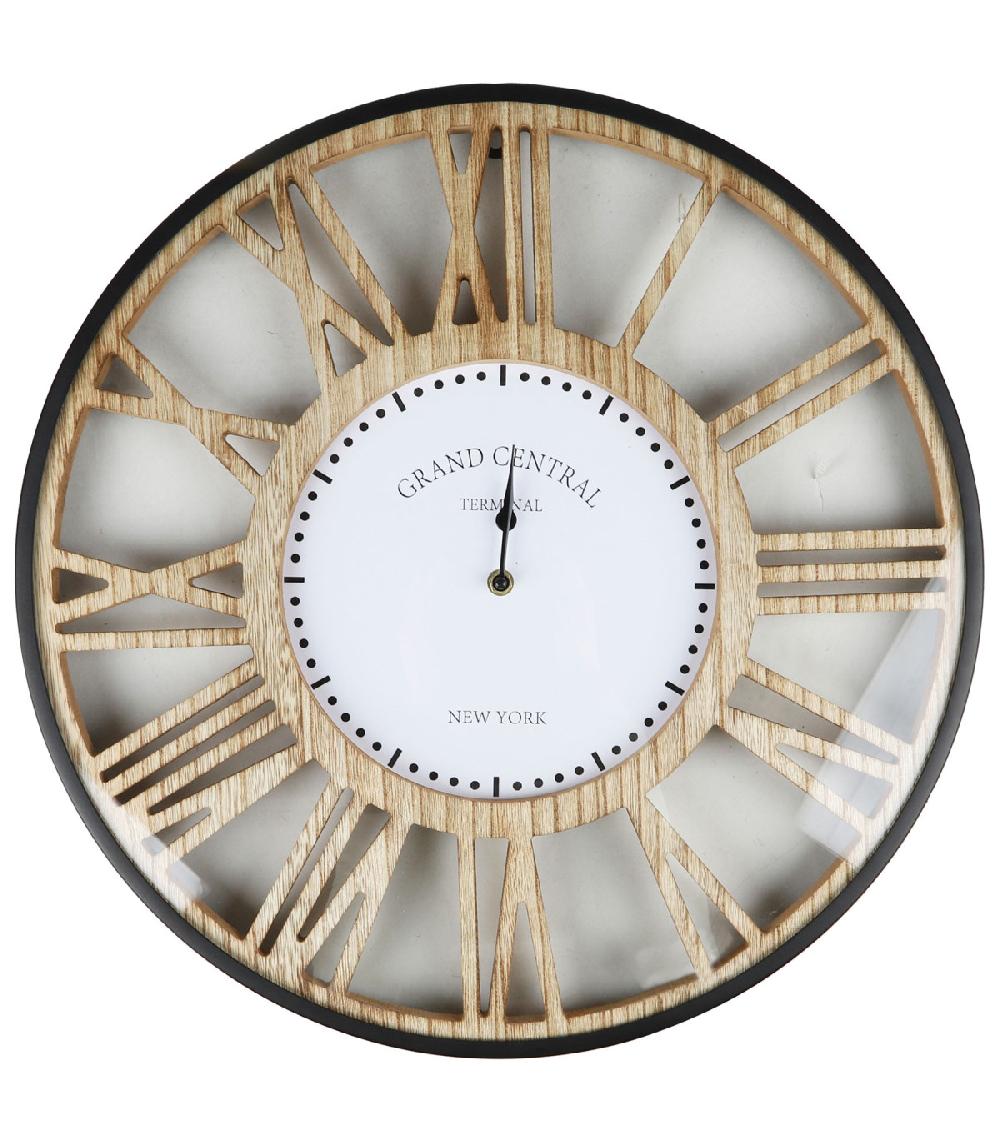 wadiga Horloge murale ronde métal noir et bois 50x50x4.5cm