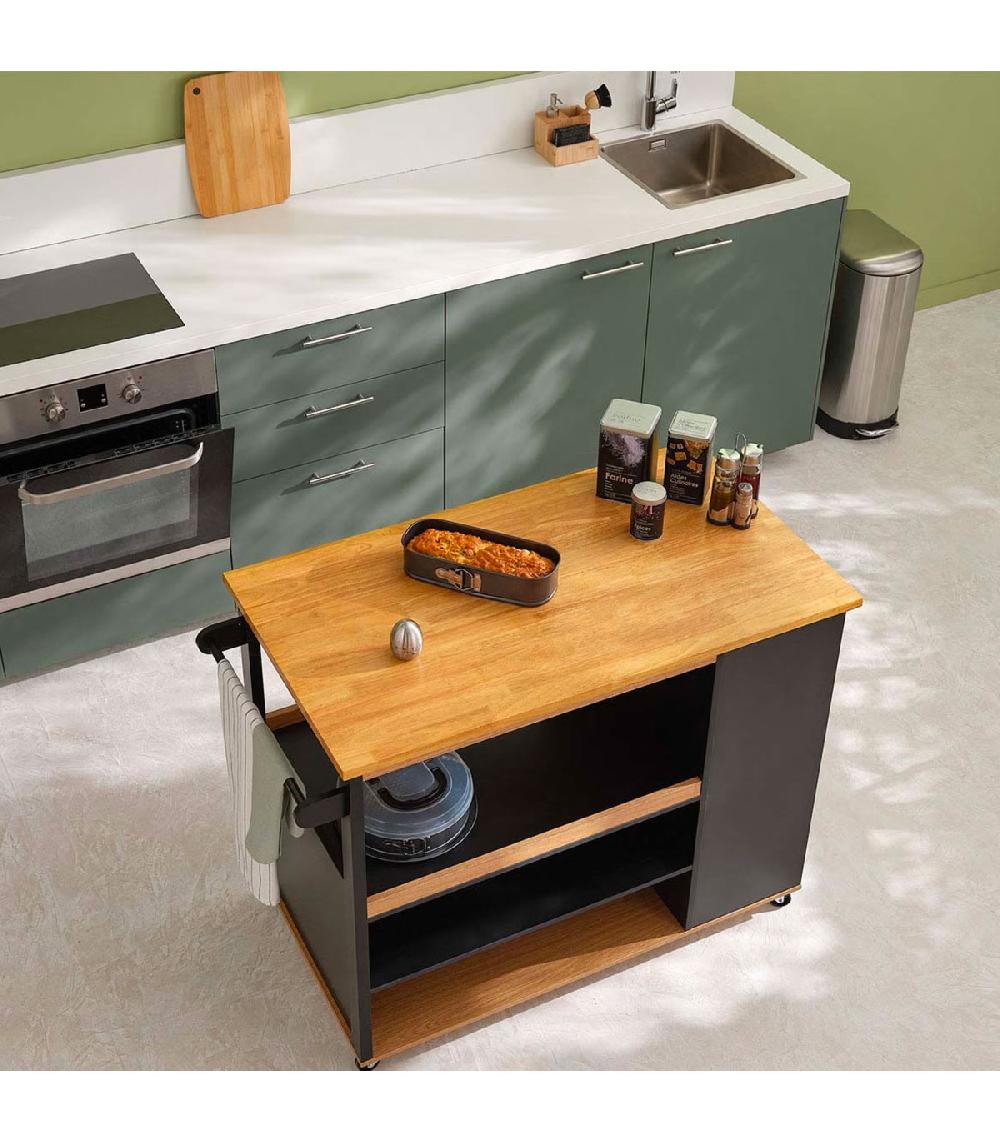 Wadiga Ilot De Cuisine Sur Roulettes Bois Et Noir 108x89x60cm