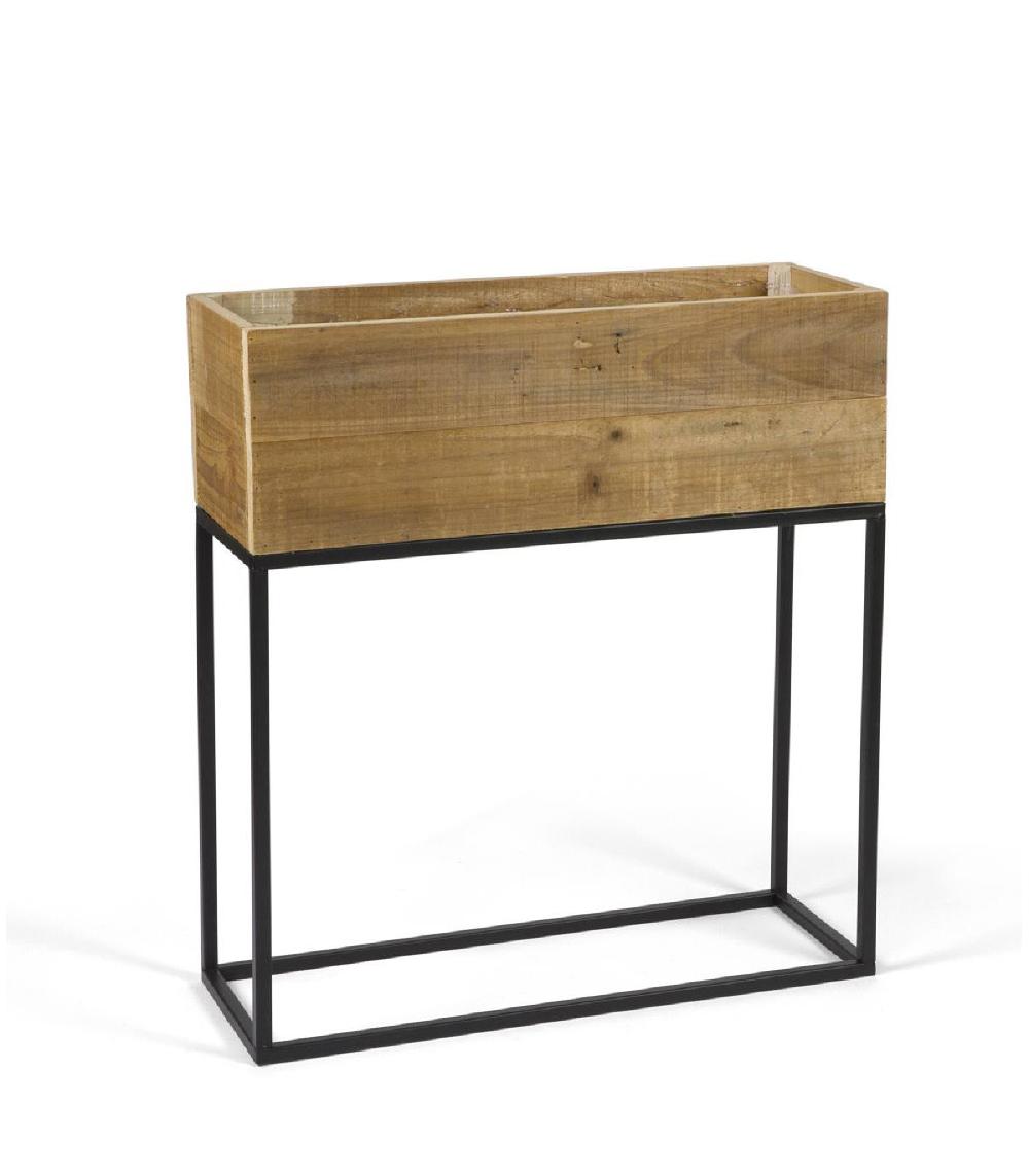 wadiga Jardinière sur Pied en Métal Noir et bois recyclé - 55x21x60.5cm