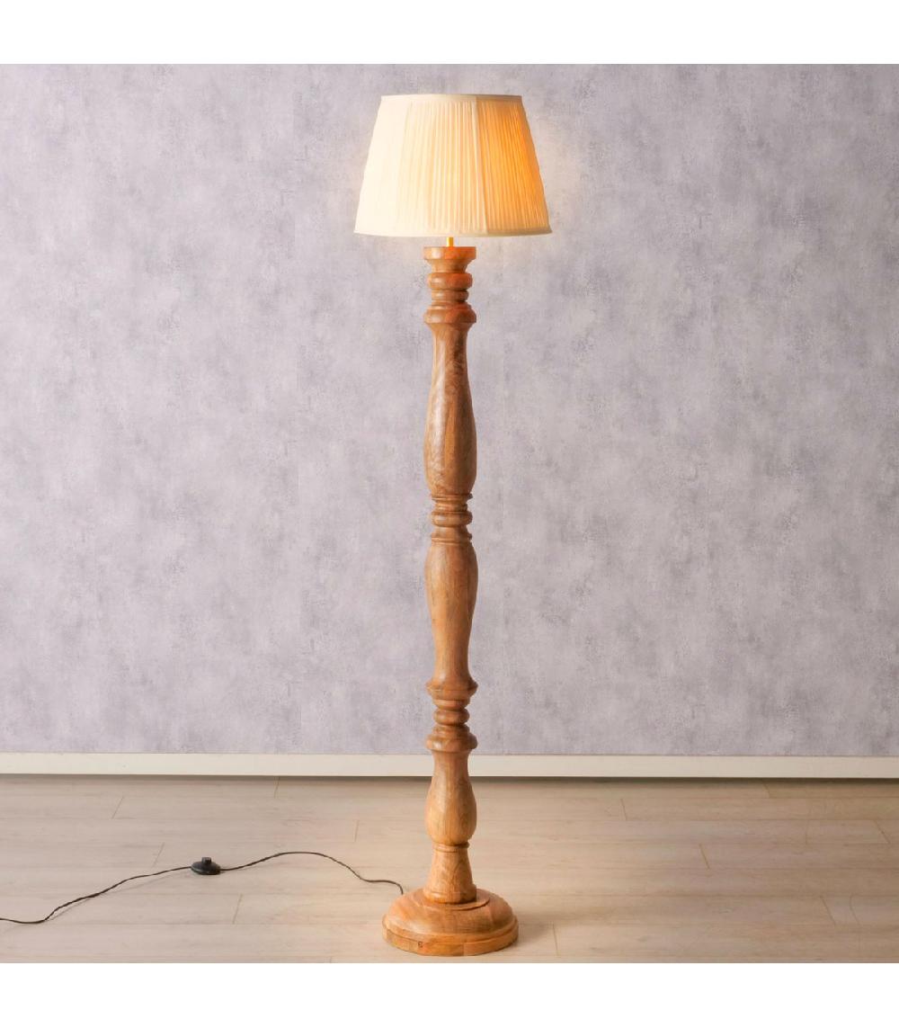 Wadiga Lampadaire Bois De Manguier Et Abat-jour Plissé Blanc 40x40x176cm