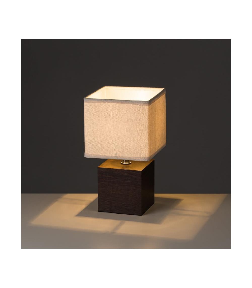 Wadiga Lampe à Poser Base Carrée En Bois Foncé Et Abat-jour Beige - Hauteur 26.5cm