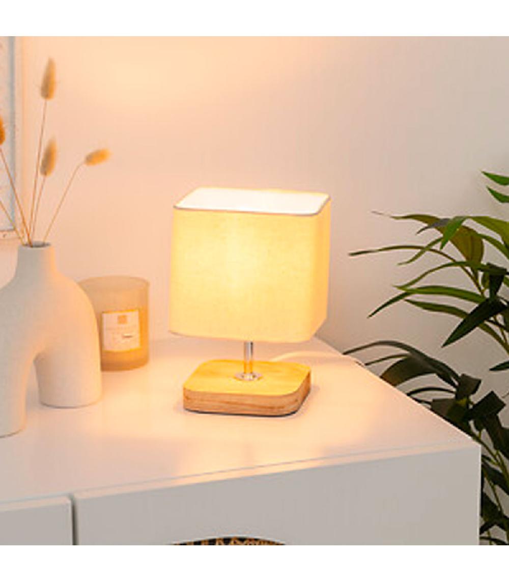 Wadiga Lampe à Poser Bois Et Abat-jour Beige 14.5x14.5x21cm