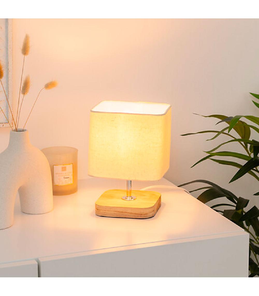 Wadiga Lampe à Poser Bois Et Abat-jour Beige 14.5x14.5x21cm