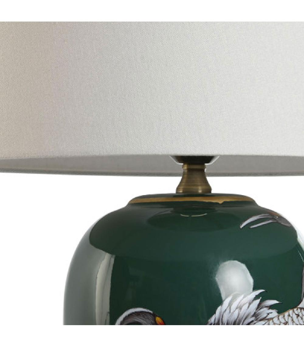 Wadiga Lampe à Poser Céramique Verte Et Abat-jour Coton Blanc Hérons 40x40x59cm