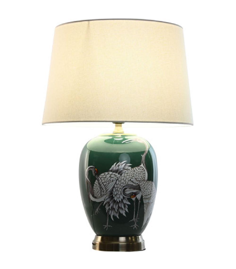 Wadiga Lampe à Poser Céramique Verte Et Abat-jour Coton Blanc Hérons 40x40x59cm