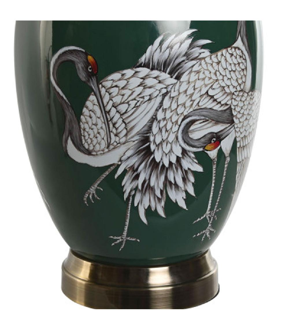 Wadiga Lampe à Poser Céramique Verte Et Abat-jour Coton Blanc Hérons 40x40x59cm