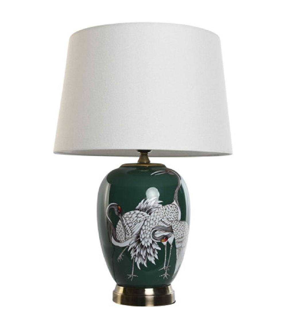wadiga Lampe à poser céramique verte et abat-jour coton blanc hérons 40x40x59cm