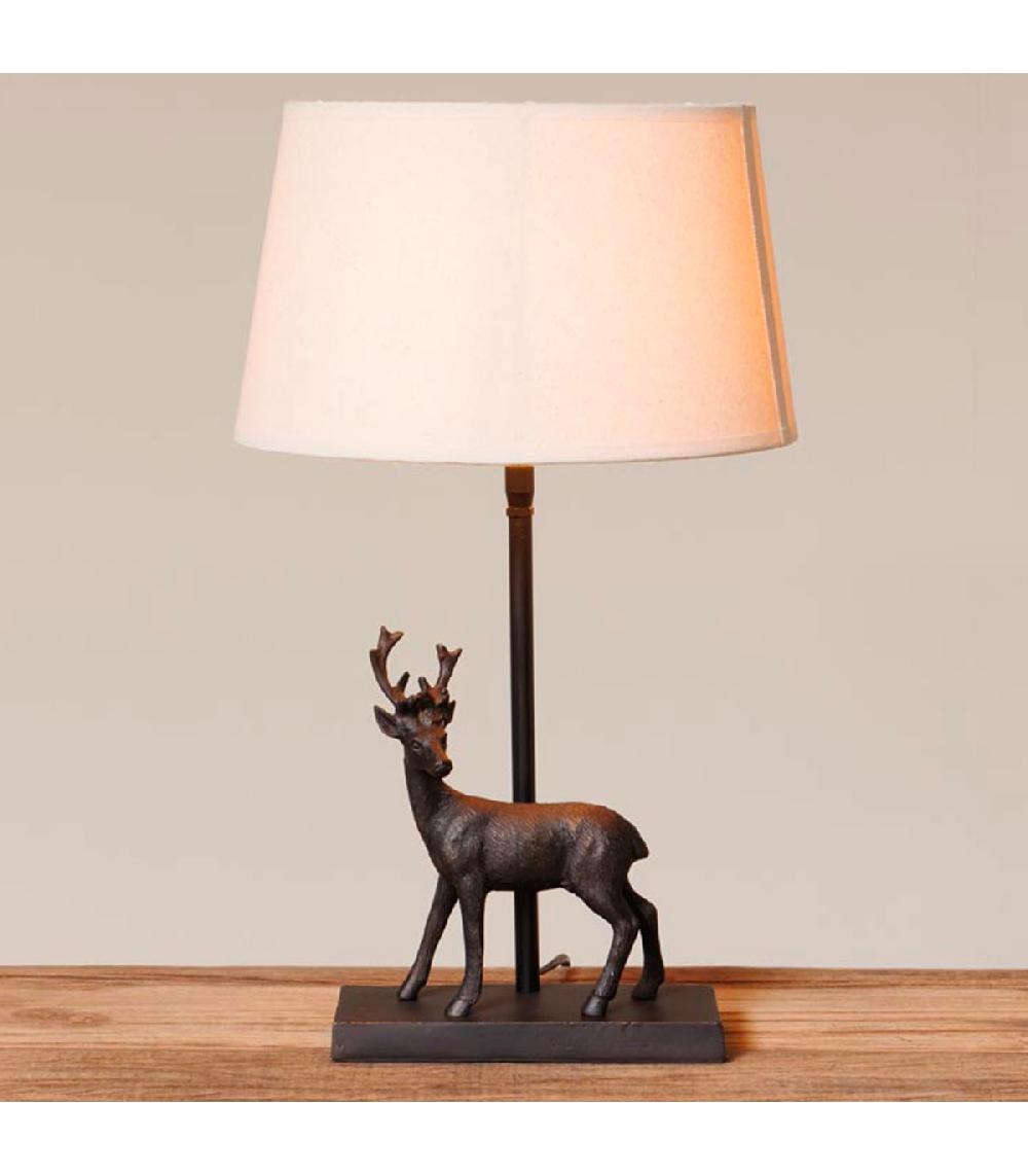Wadiga Lampe à Poser Cerf Aluminium Noir Et Abat-jour Lin Beige 30x30x41.5cm