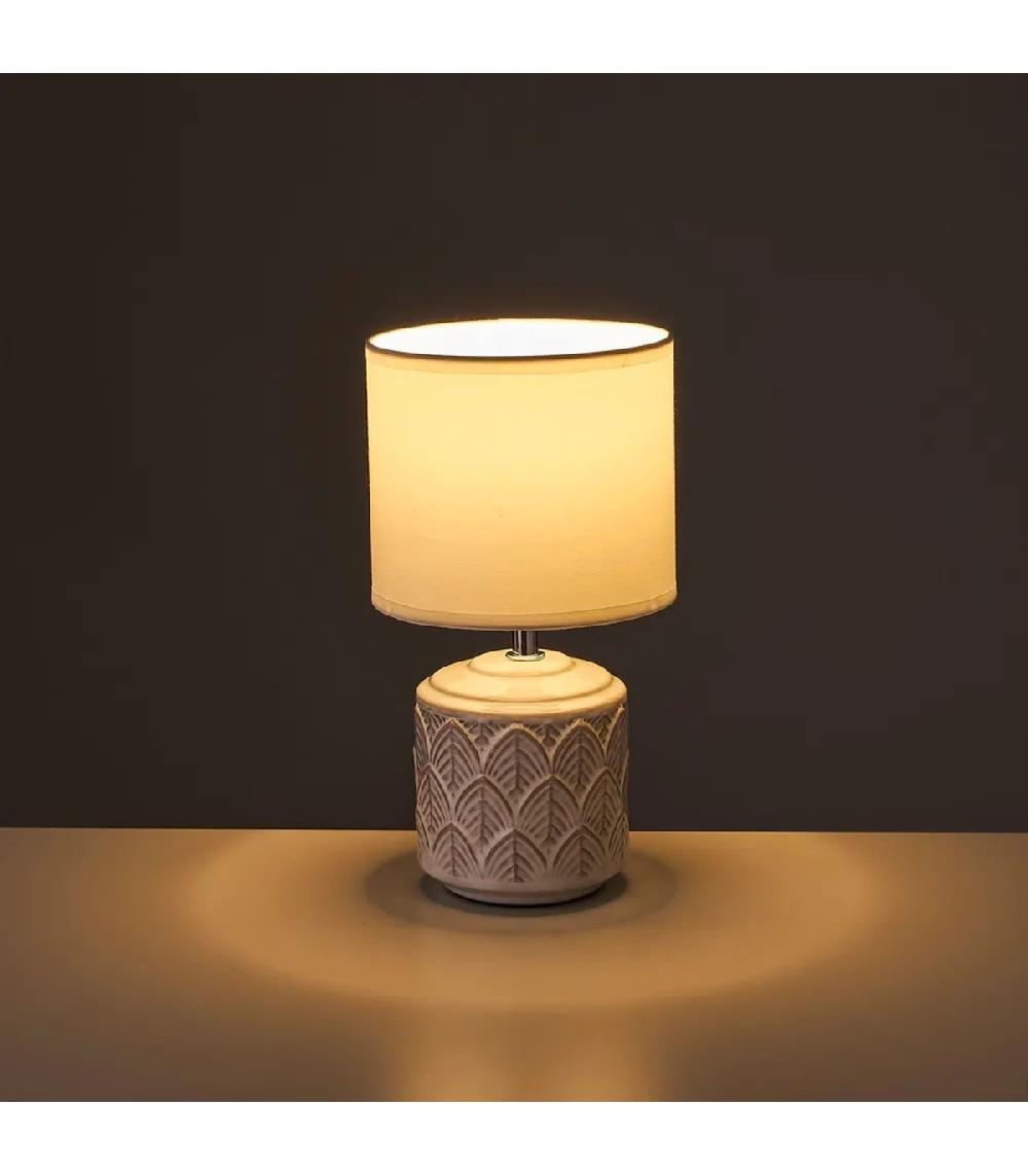 Wadiga Lampe à Poser Ronde Céramique Blanche Feuillage 15x15x28cm