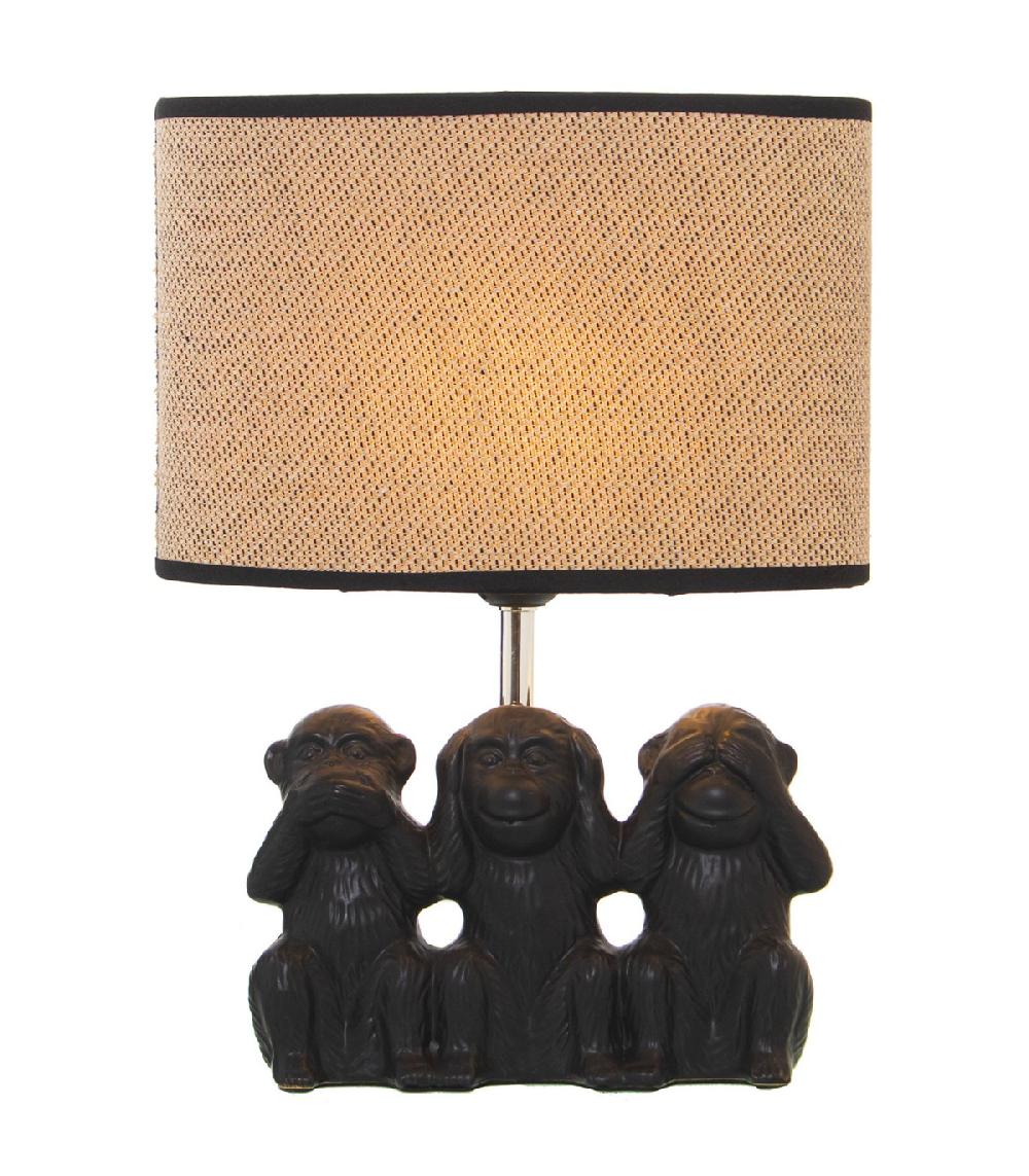 Wadiga Lampe à Poser Singes En Résine Noire Et Abat-jour En Lin Beige