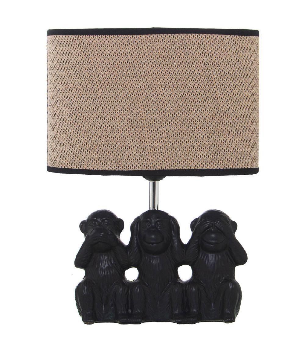 wadiga Lampe à poser Singes en résine noire et abat-jour en lin beige