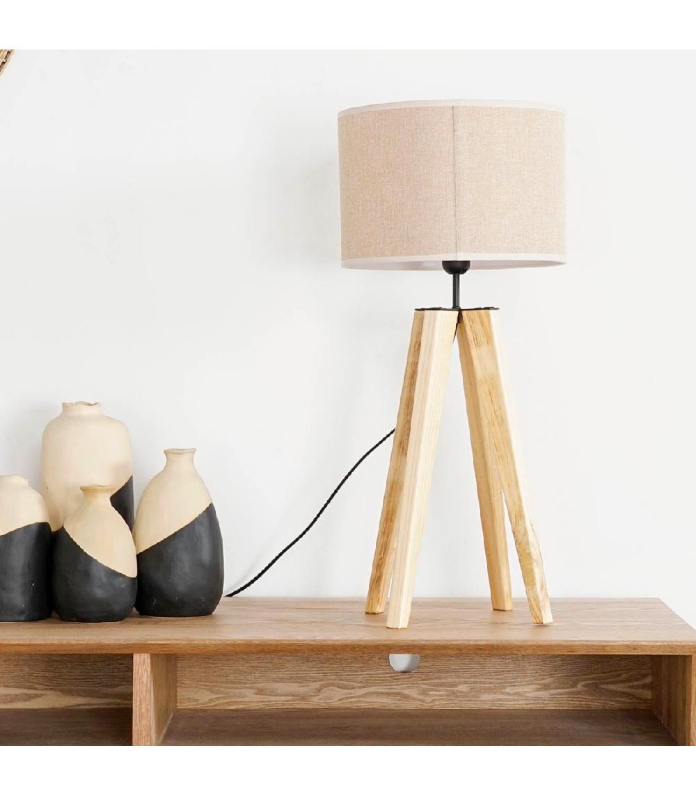 Wadiga Lampe à Poser Trépied Bois Et Abat-jour Beige 30x30x69cm