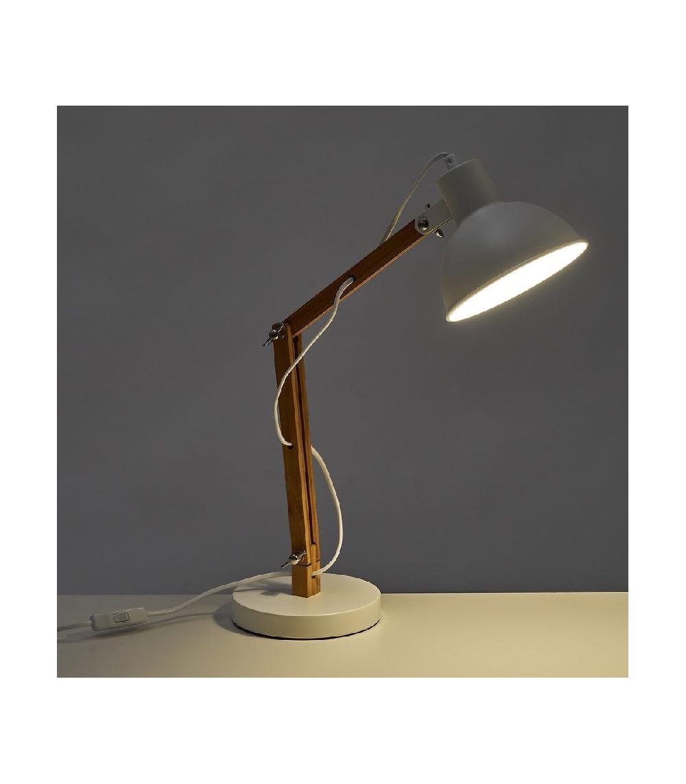 Wadiga Lampe De Bureau Articulée Métal Blanc Et Bambou - Hauteur 40.5cm