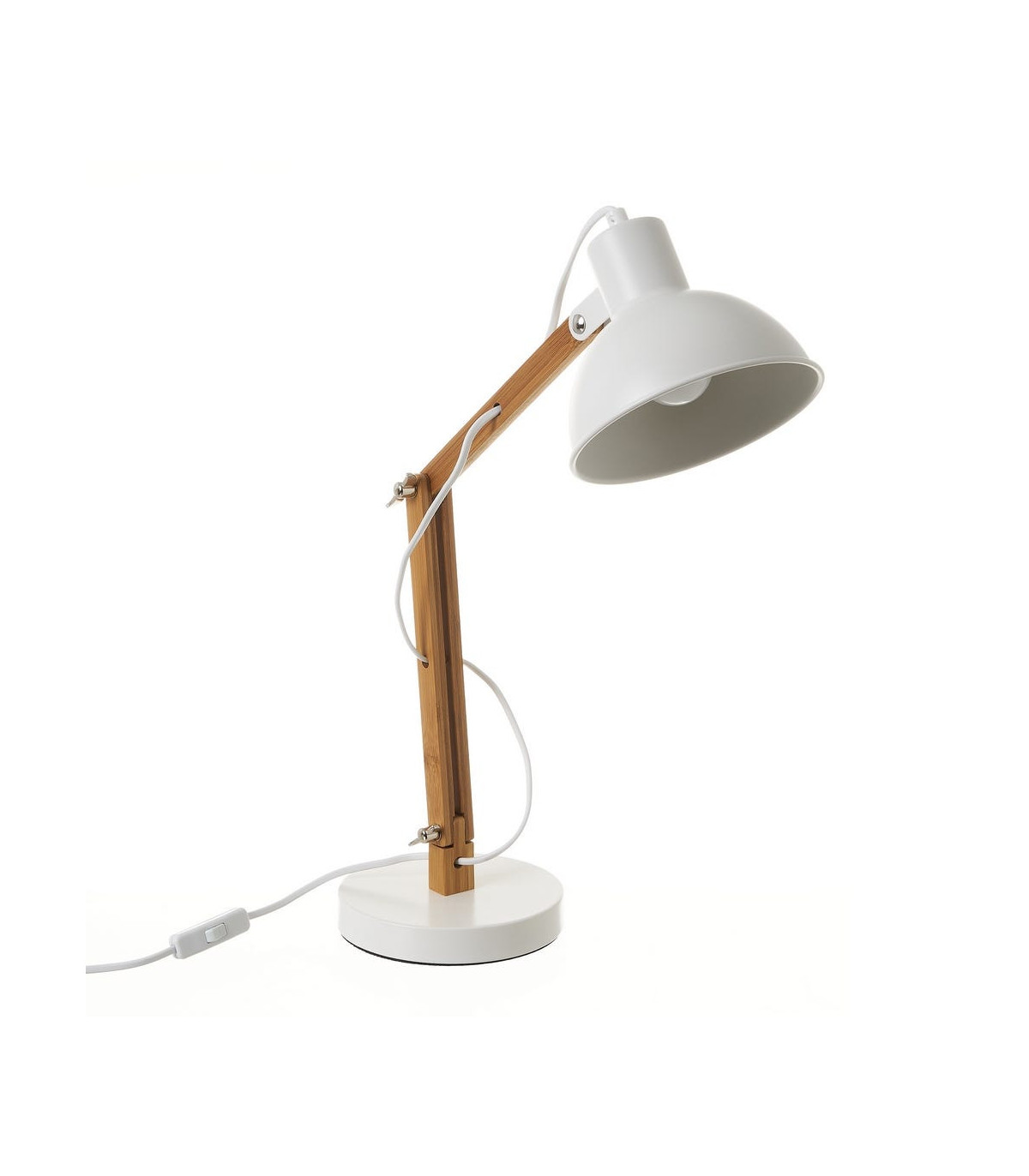 wadiga Lampe de bureau articulée métal blanc et bambou - Hauteur 40.5cm