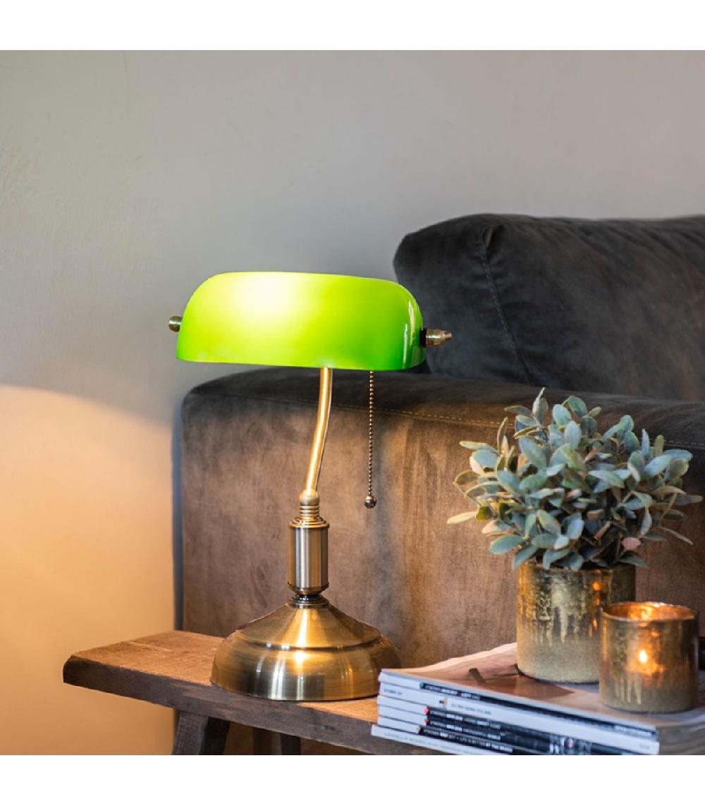 Wadiga Lampe De Bureau De Banquier En Métal Doré Et Abat-jour Vert 27x17x41cm