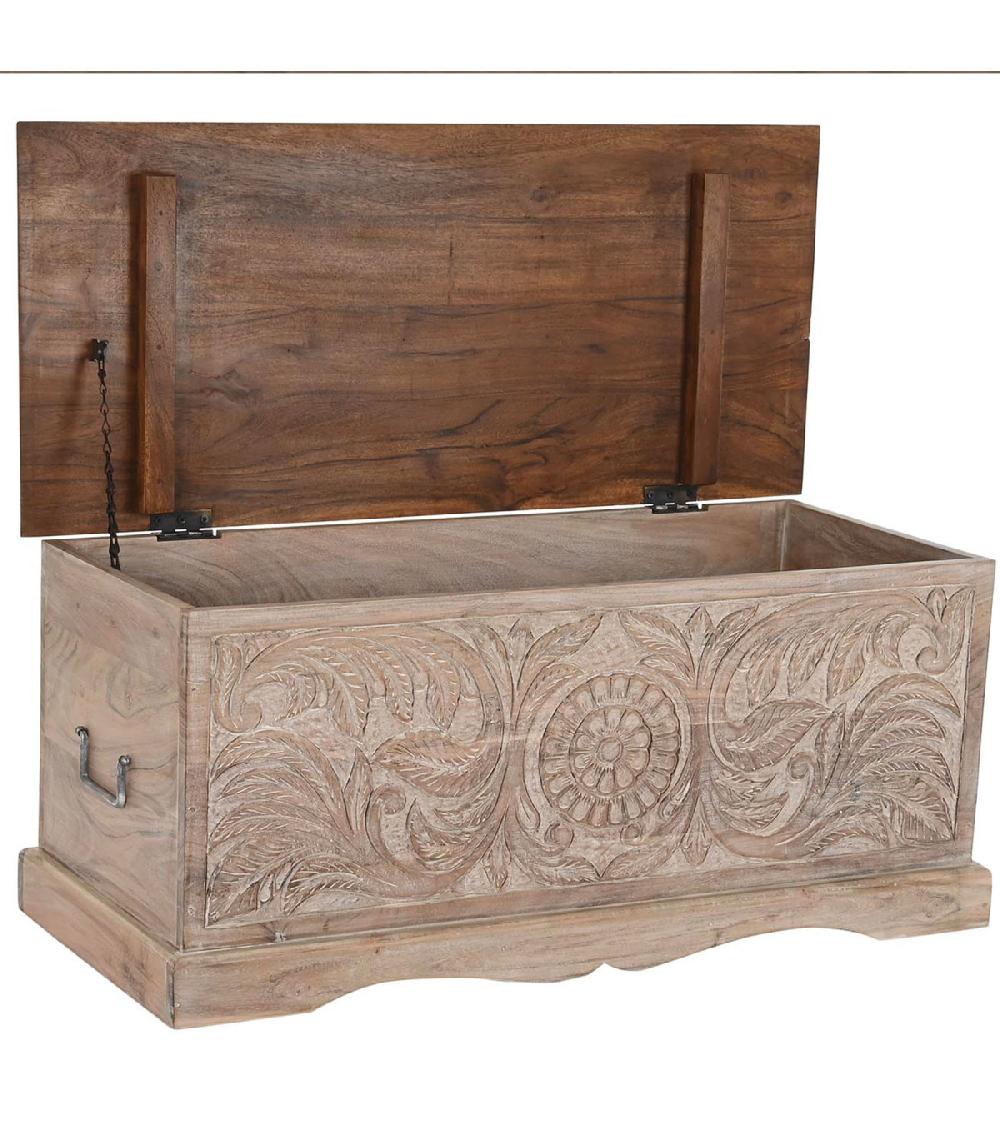 Wadiga Malle De Rangement En Bois Massif D'Acacia Sculpté- 90x40x40cm