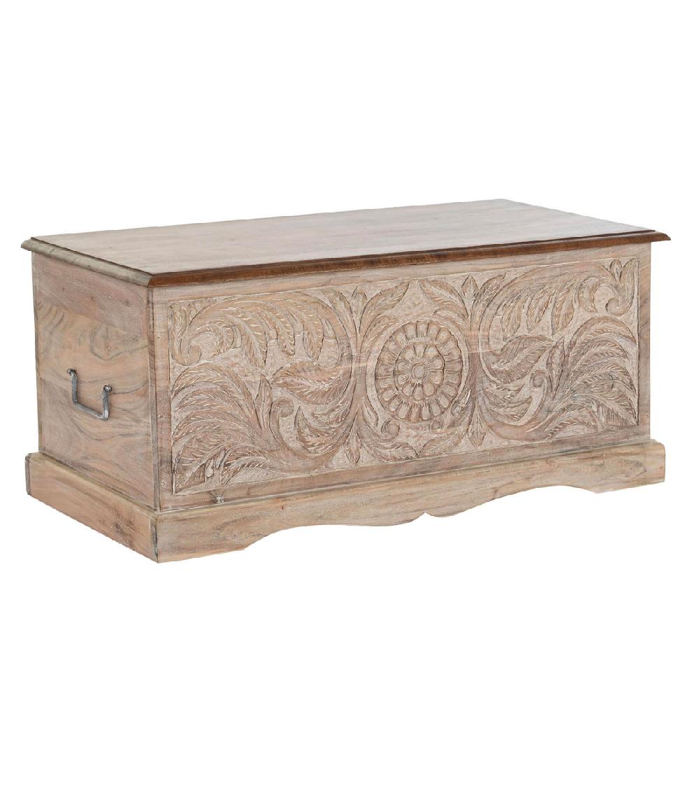 wadiga Malle de Rangement en Bois Massif d'Acacia Sculpté- 90x40x40cm