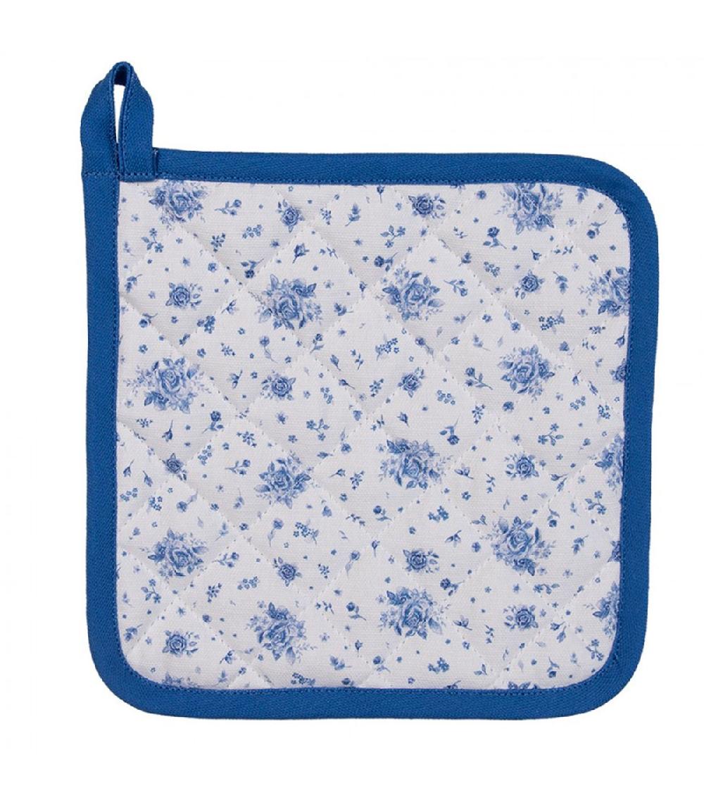 Wadiga Manique De Cuisine 100% Coton Blanc Motif Fleuri Bleu 20x20cm
