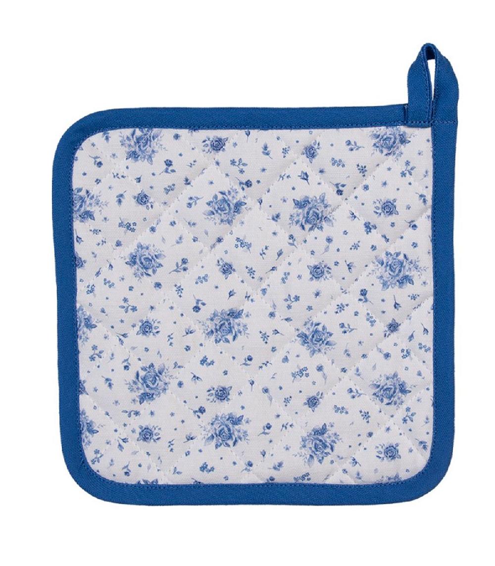 wadiga Manique de cuisine 100% coton blanc motif fleuri bleu 20x20cm