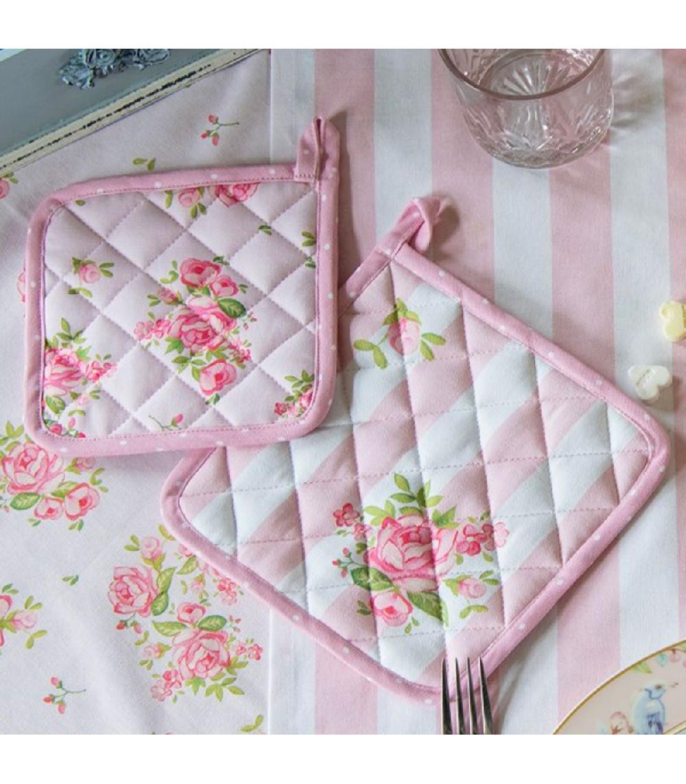 Wadiga Manique De Cuisine 100% Coton Blanc Motif Fleuri Roses 20x20cm