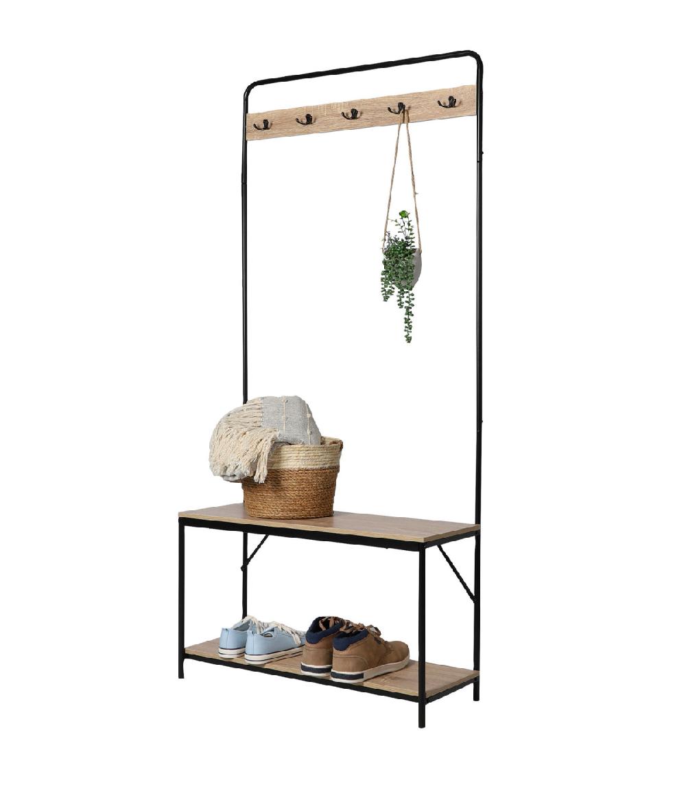 Wadiga Meuble D'entrée Banc + Portemanteau Bois Et Métal Noir 80x30x170cm