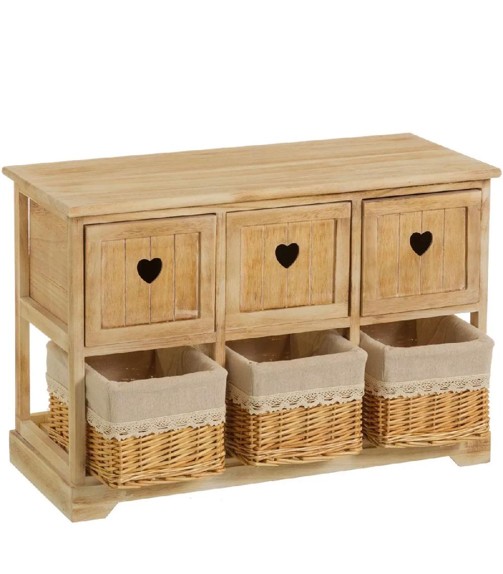 Wadiga Meuble D'entrée En Bois 3 Tiroirs Et 3 Paniers Country 71x32x49cm