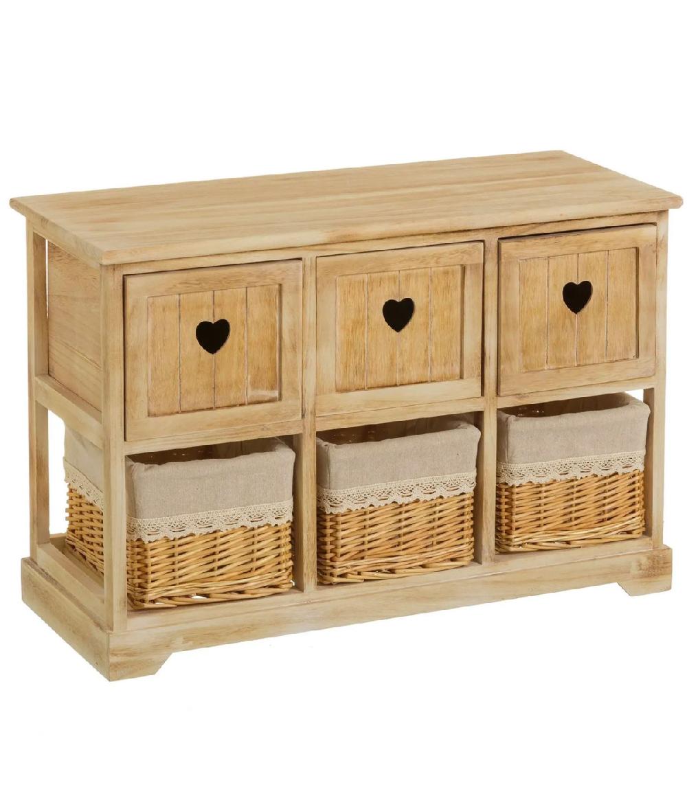 wadiga Meuble d'entrée en bois 3 tiroirs et 3 paniers country 71x32x49cm