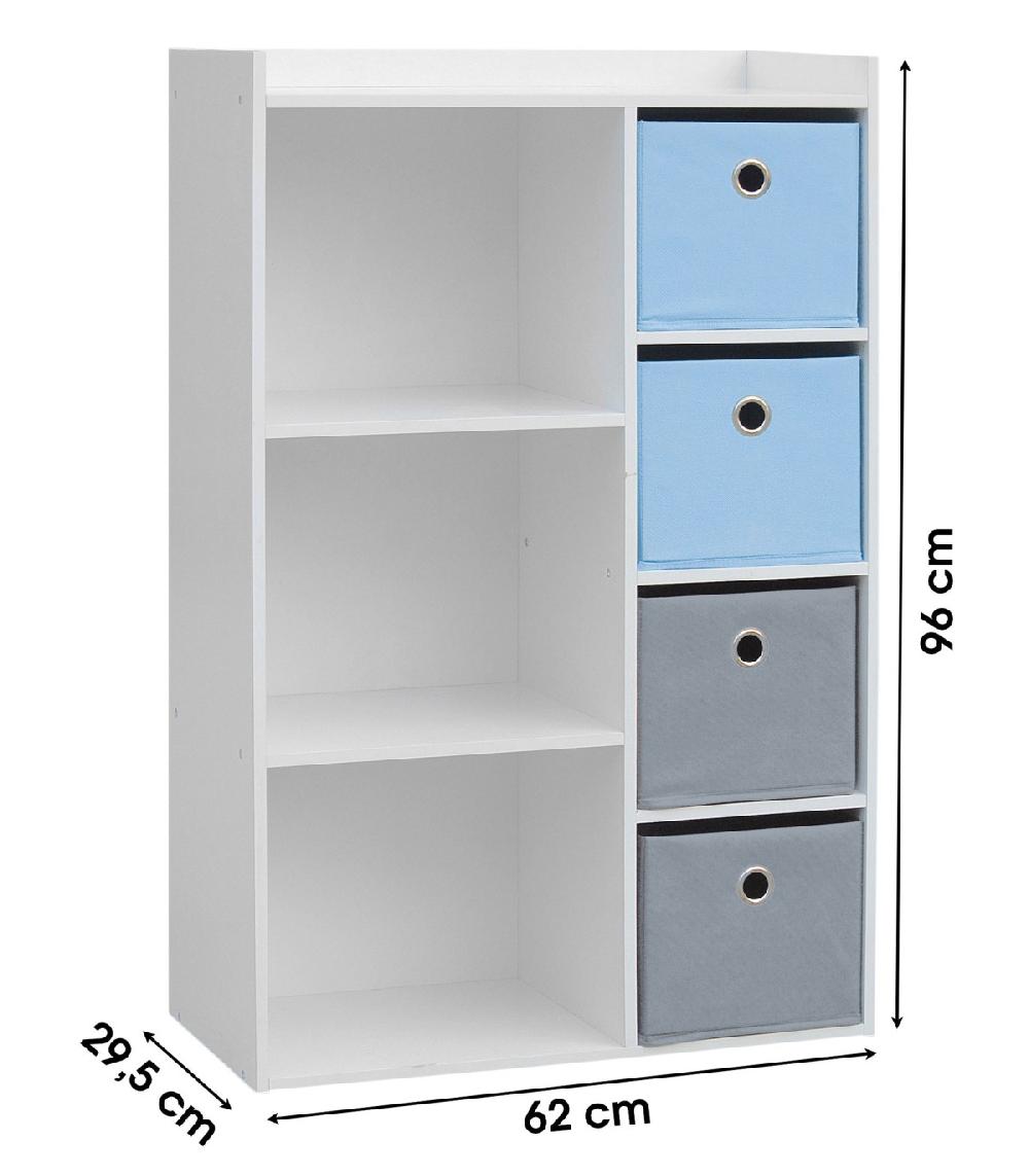 Wadiga Meuble De Rangement Chambre Enfant Blanche Avec 4 Paniers Bleus Et Gris
