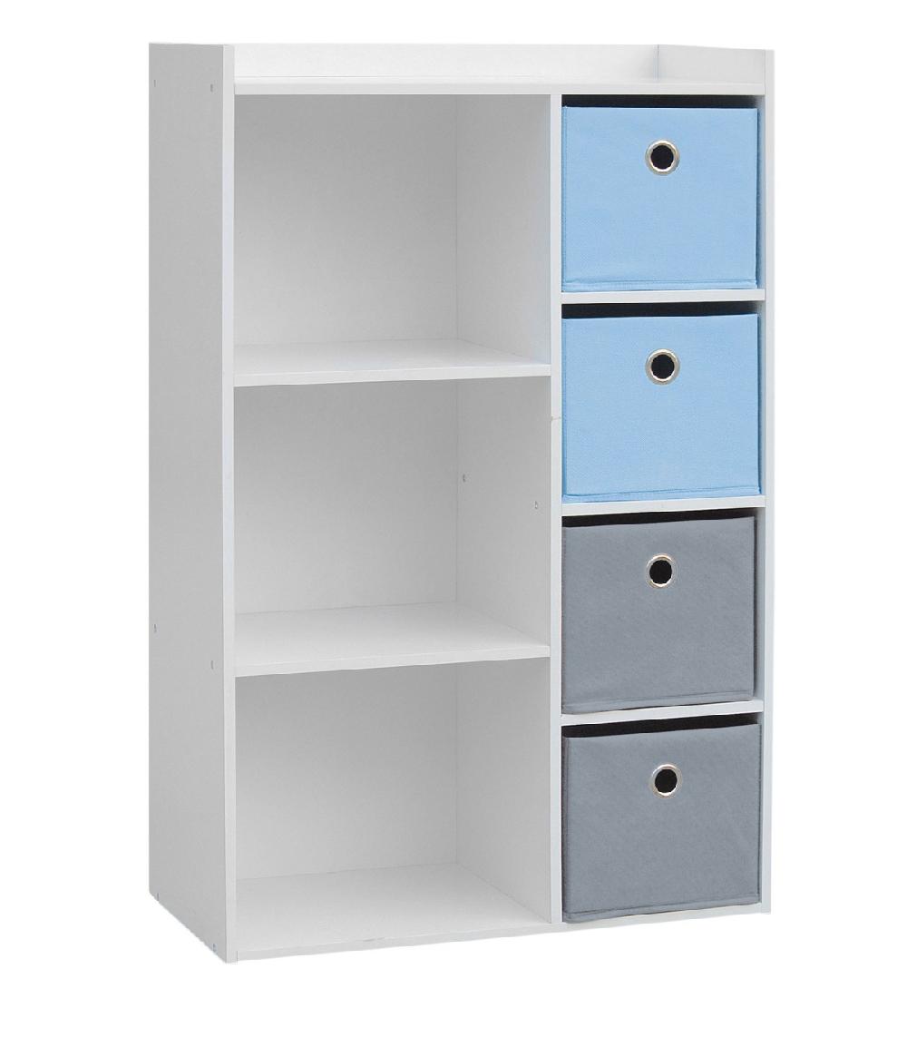 wadiga Meuble de Rangement Chambre Enfant Blanche avec 4 Paniers Bleus et Gris