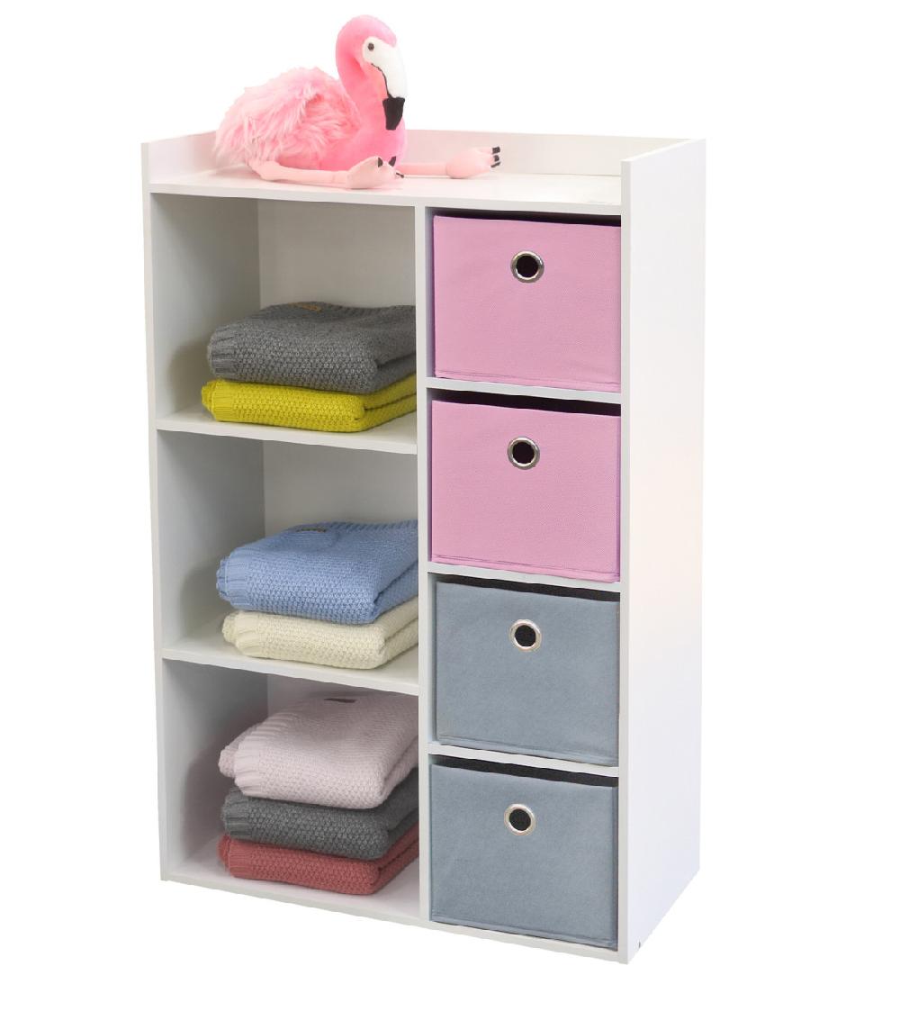 wadiga Meuble de Rangement Chambre Enfant Blanche avec 4 Paniers Rose et Gris