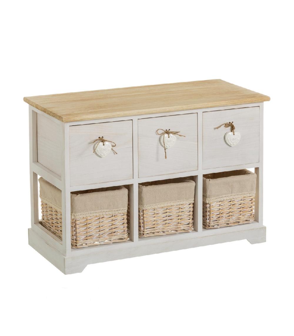 wadiga Meuble de rangement d'entrée 3 tiroirs + 3 paniers -71x32x49cm