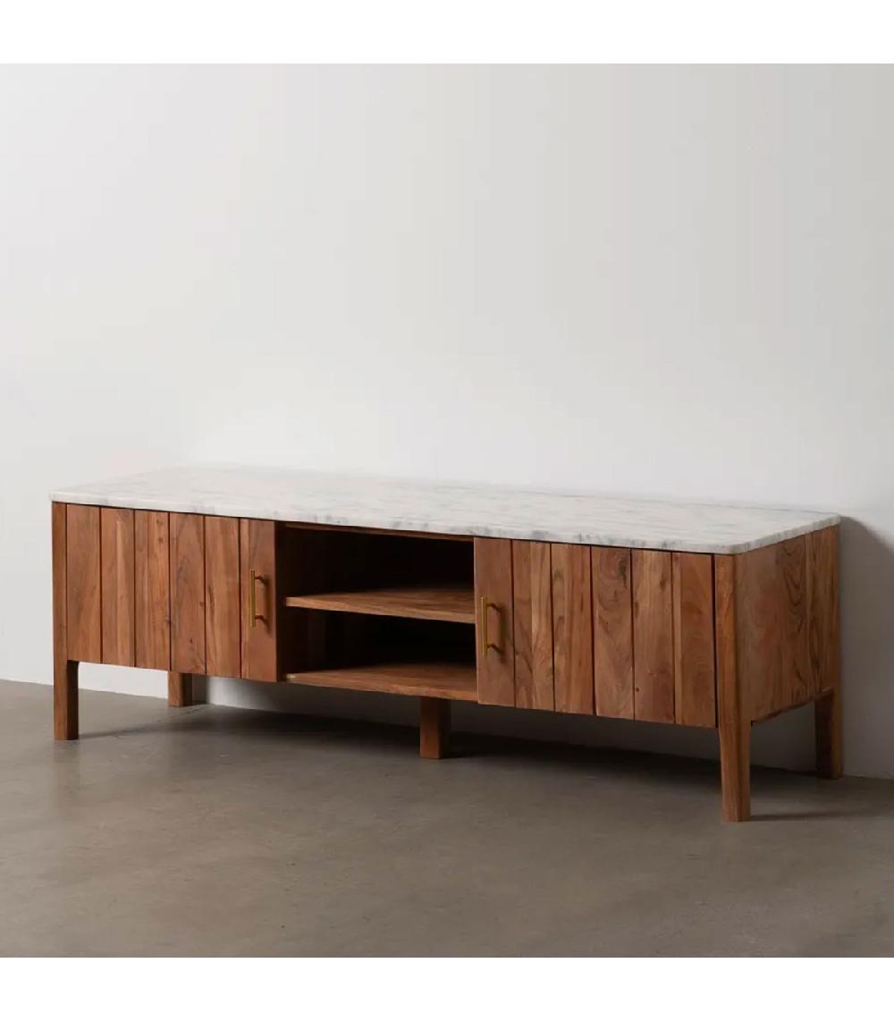Wadiga Meuble De Télévision Acacia Et Marbre Blanc 141x41x45cm