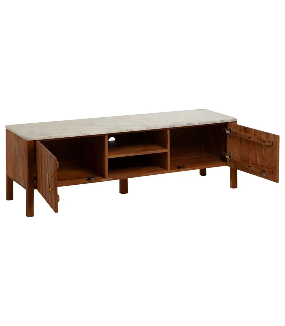 Wadiga Meuble De Télévision Acacia Et Marbre Blanc 141x41x45cm