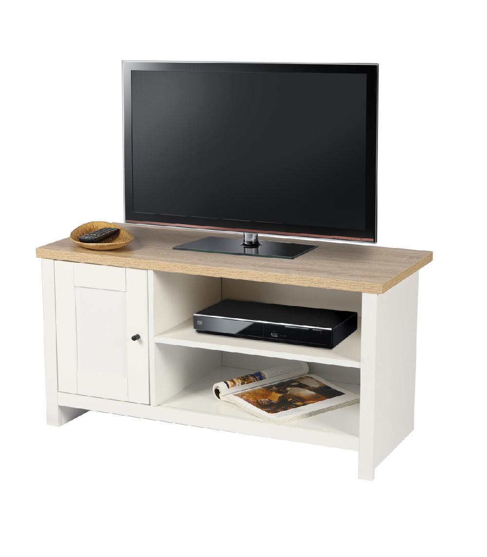 wadiga Meuble de télévision bois et blanc 2 étagères et 1 porte - 95x40x49cm