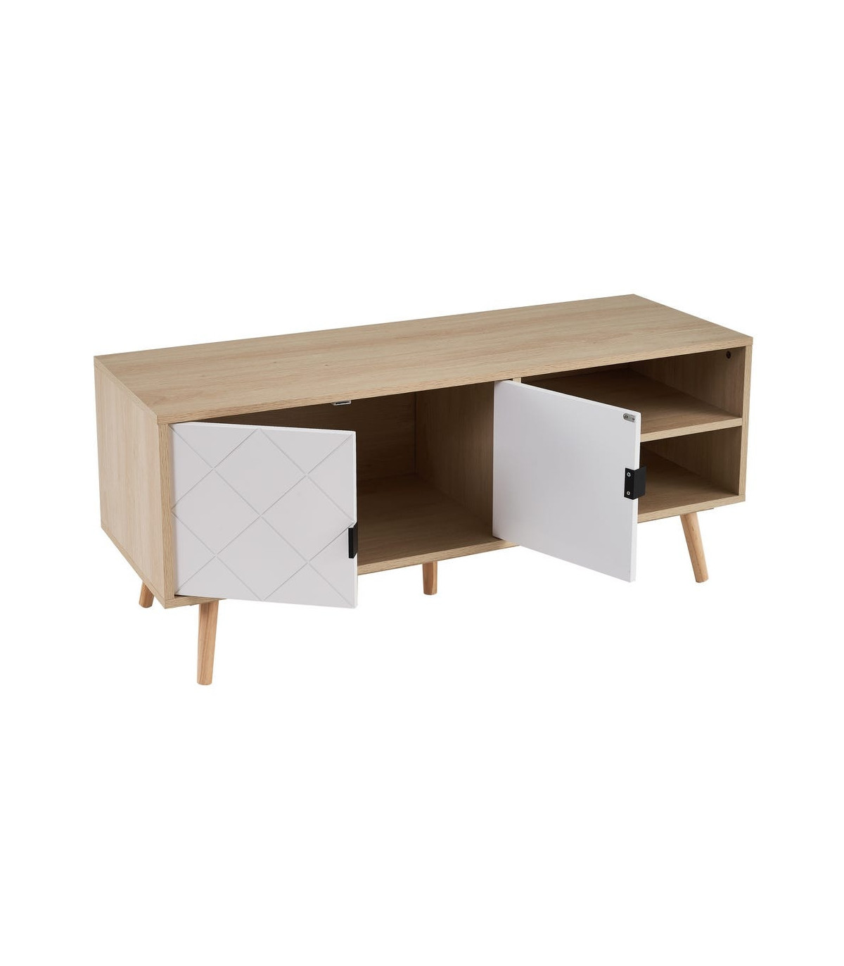 Wadiga Meuble De Télévision Bois Et Blanc 2 Portes Losanges - 110x39x48.5cm