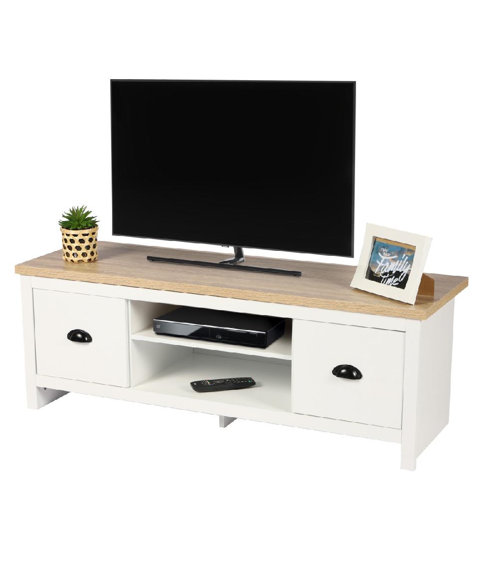 wadiga Meuble de télévision bois et blanc 2 tiroirs - 120x39.5x42.5cm