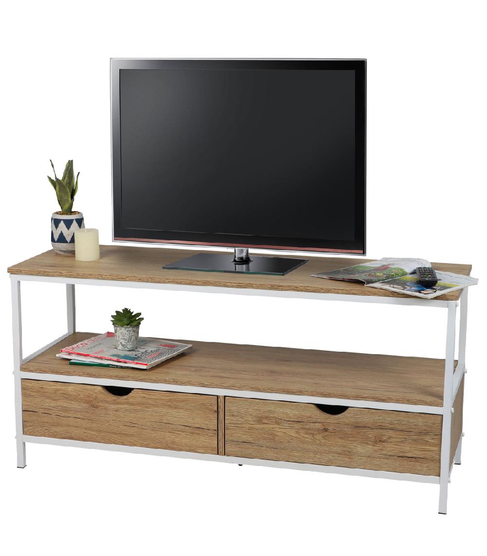 Wadiga Meuble De Télévision Bois Et Métal Blanc 2 Tiroirs 120x39x57cm
