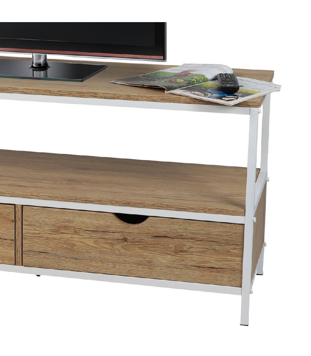 Wadiga Meuble De Télévision Bois Et Métal Blanc 2 Tiroirs 120x39x57cm
