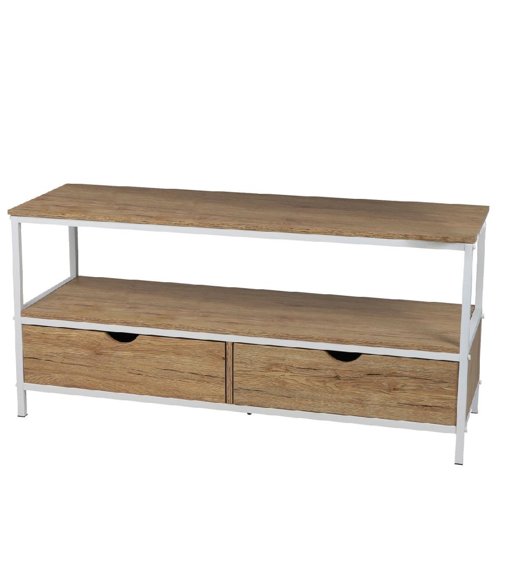 wadiga Meuble de télévision bois et métal blanc 2 tiroirs 120x39x57cm