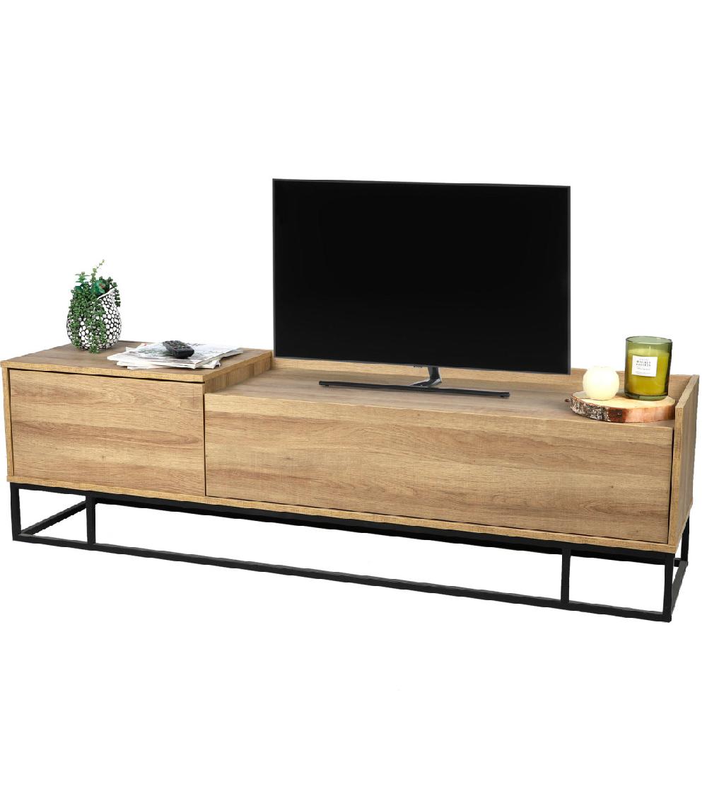 Wadiga Meuble De Télévision Bois Et Métal Noir 1 Tiroir Et 1 Porte 160x40x45cm