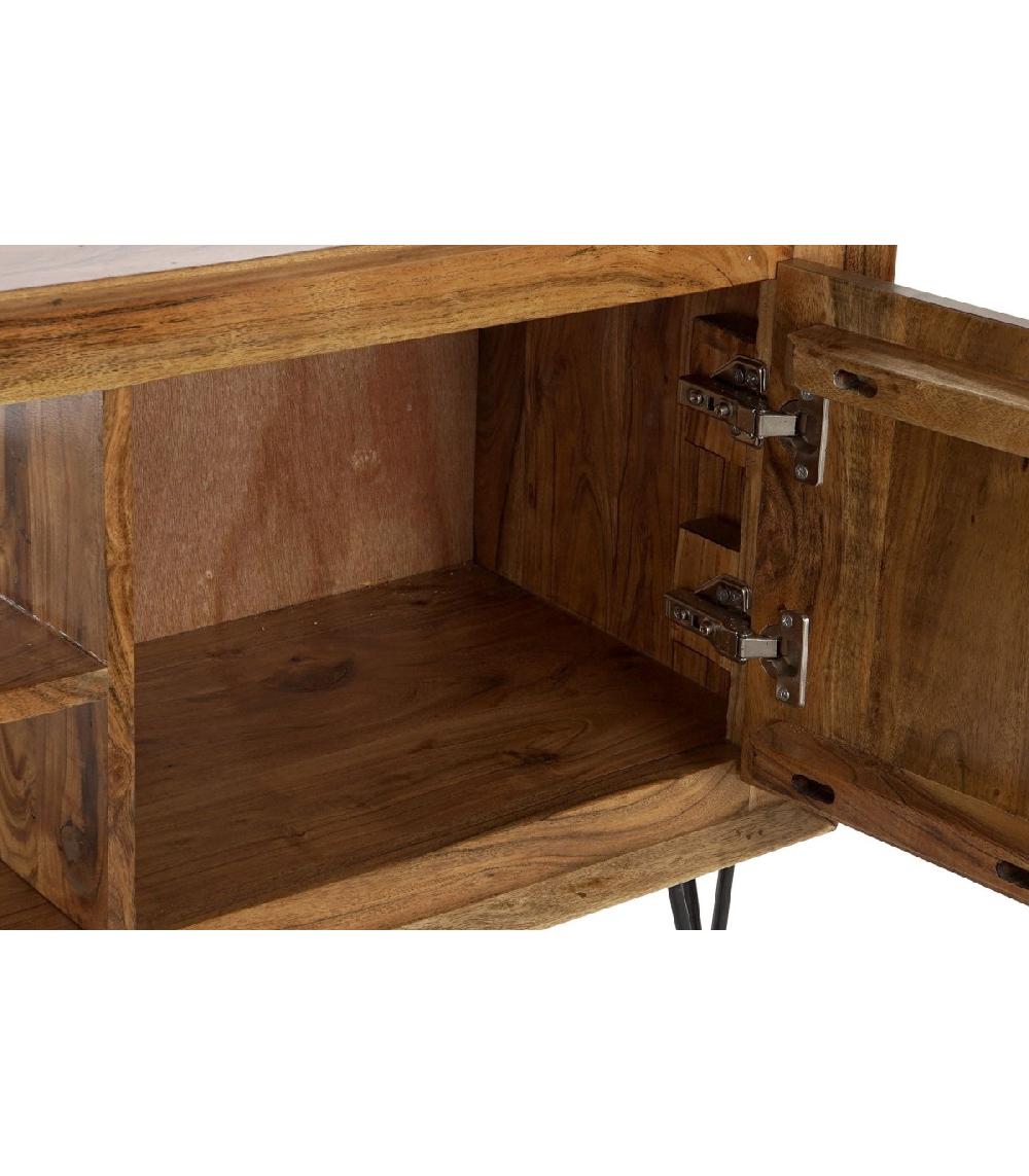 Wadiga Meuble De Télévision En Bois Massif D'acacia Et Métal Noir - 145x42x61cm
