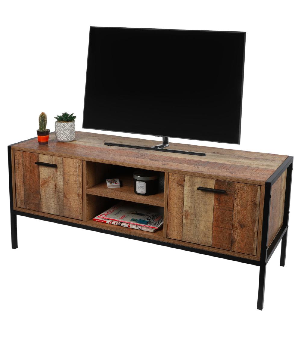 Wadiga Meuble De Télévision Métal Noir Et Bois 2 Portes + 2 Étagères