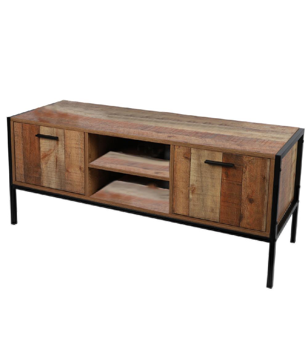 wadiga Meuble de Télévision Métal Noir et Bois 2 Portes + 2 Étagères