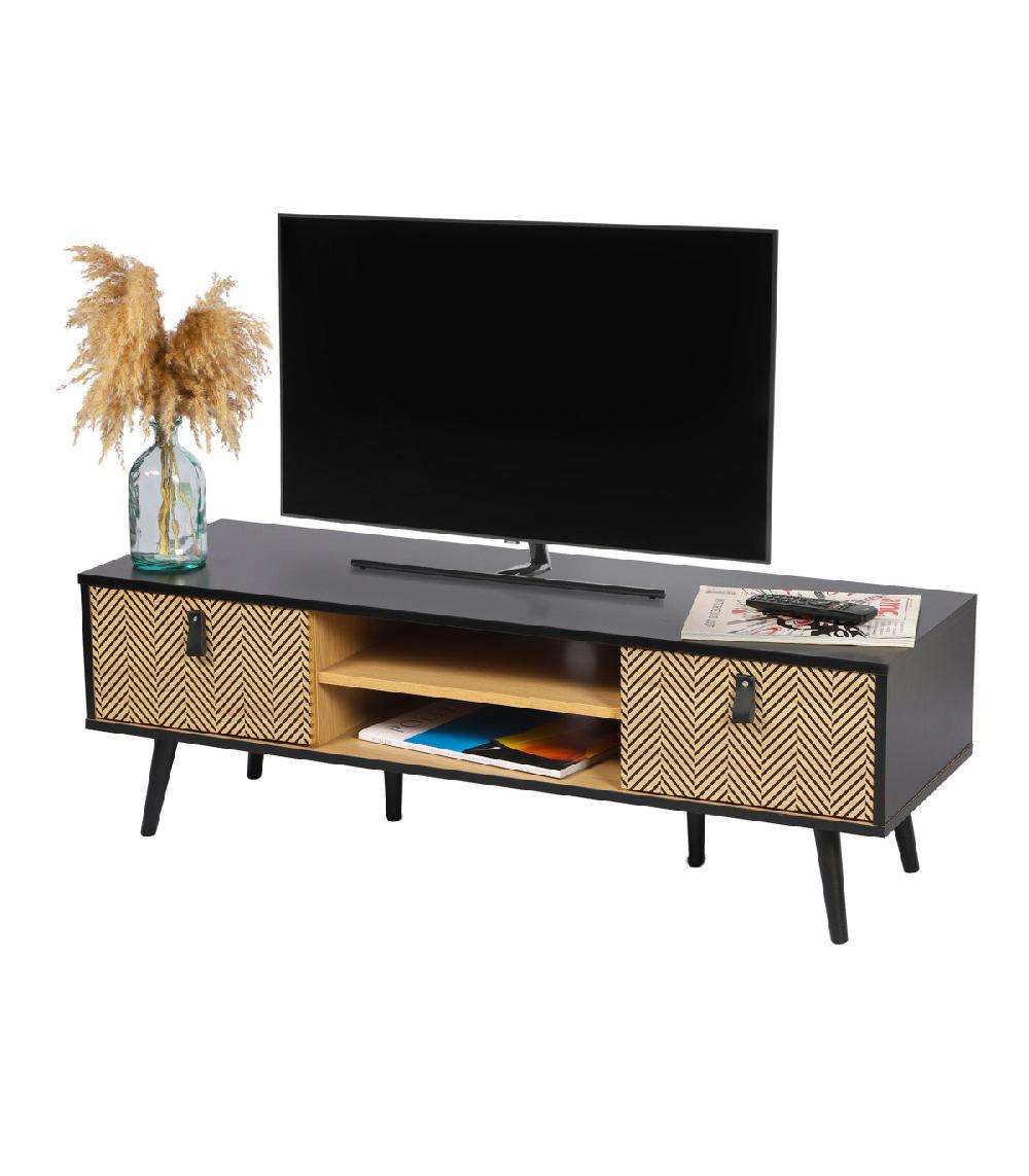 Wadiga Meuble De Télévision Noir Et Bois 2 Tirois Avec Motifs Chelsea - 120x40x40cm