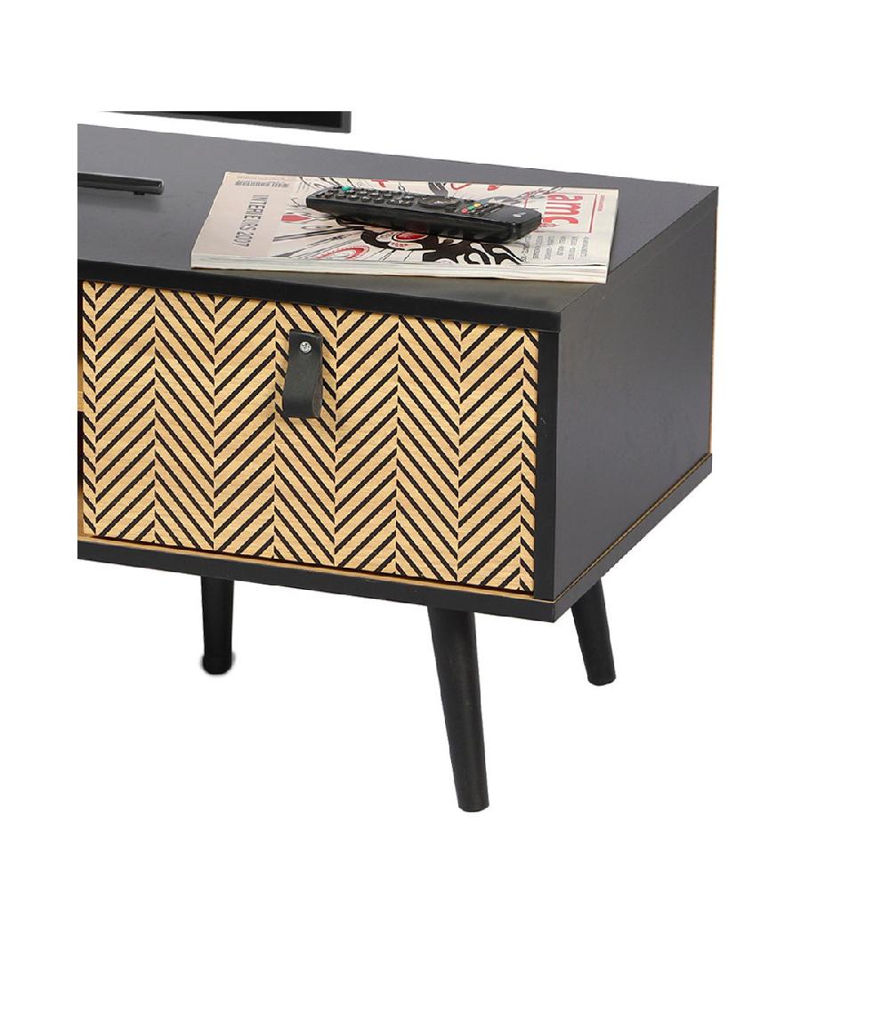 Wadiga Meuble De Télévision Noir Et Bois 2 Tirois Avec Motifs Chelsea - 120x40x40cm