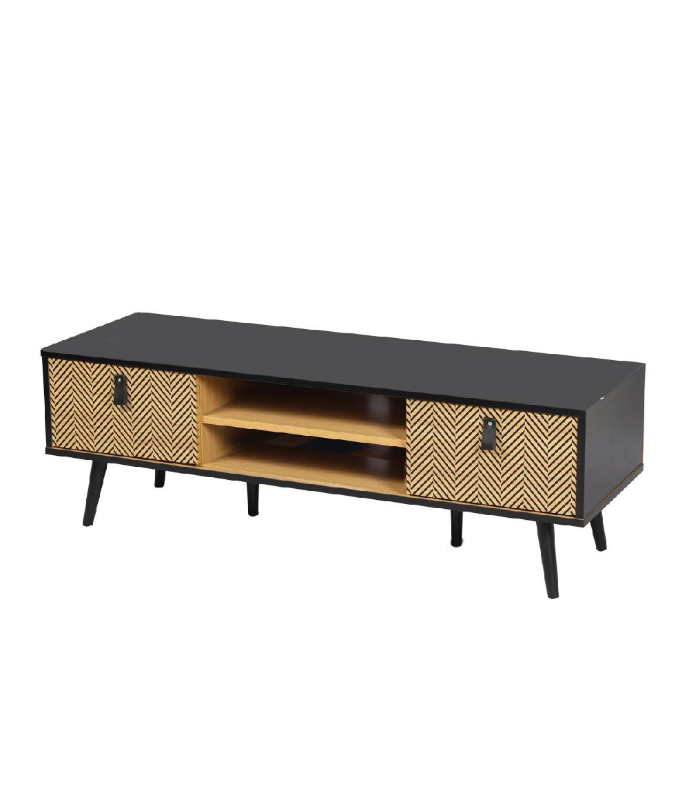 wadiga Meuble de télévision noir et bois 2 tirois avec motifs Chelsea - 120x40x40cm